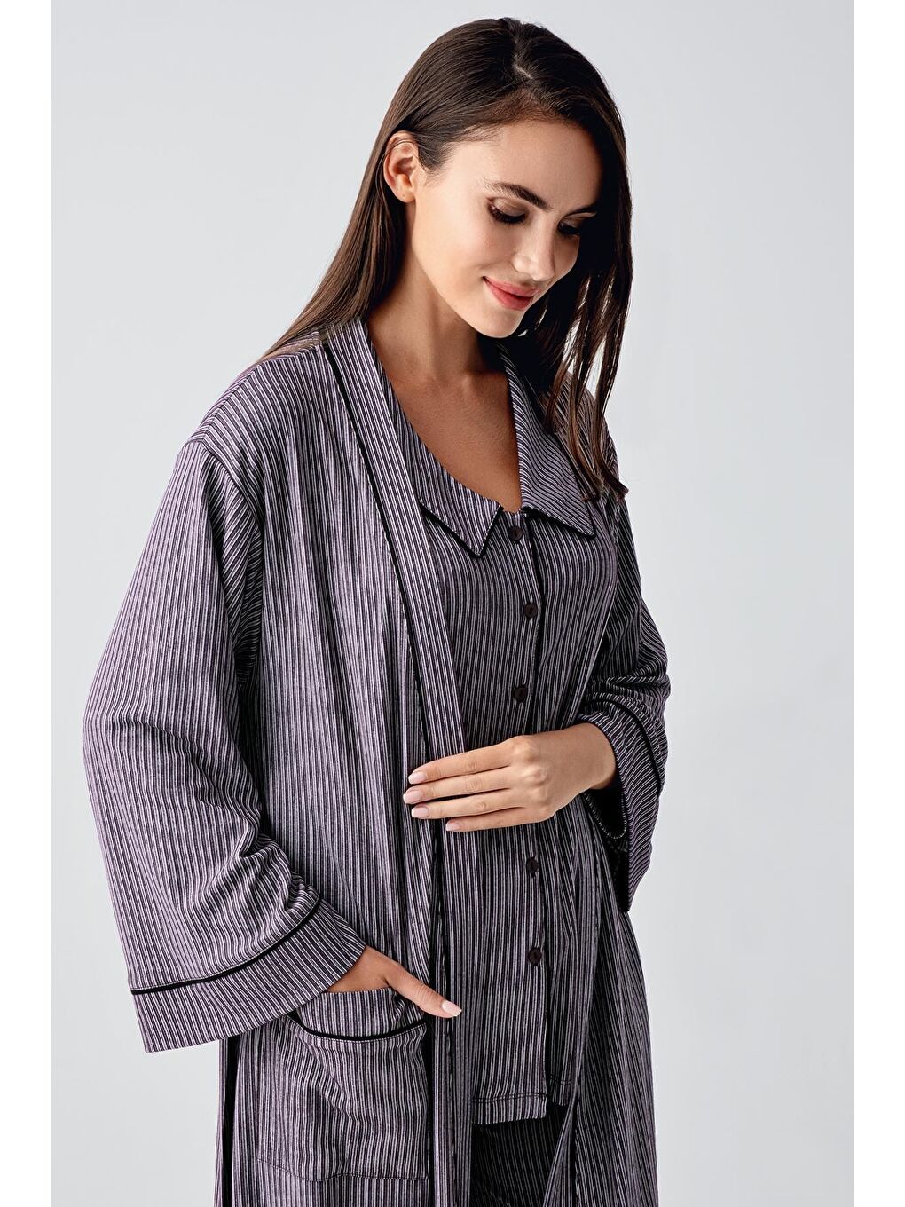 Mor Bebe Yaka Düğmeli Uzun Kollu Hamile Sabahlık Pijama Takım 23111-4