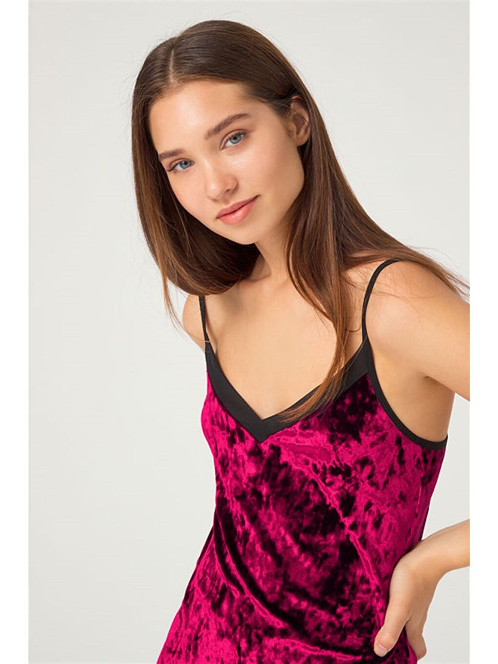 Kırmızı Vişne Tül Detaylı Kadife Kadın Babydoll Gecelik-6