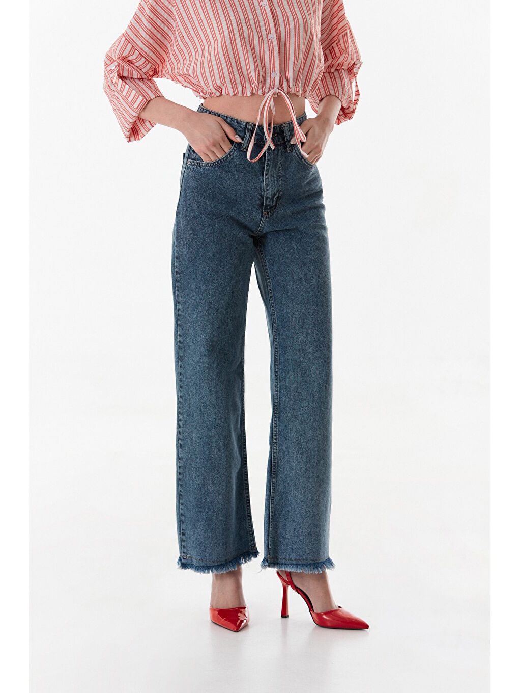 Mavi Yüksek Bel Paçası Püsküllü Palazzo Jean-2