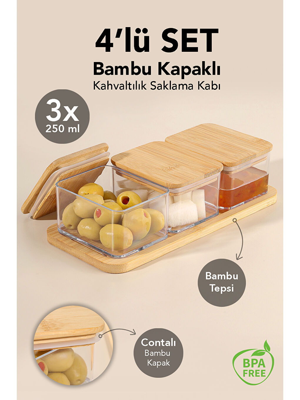Bej Bambu Kapak Kapaklı Saklama Kabı 250 ml