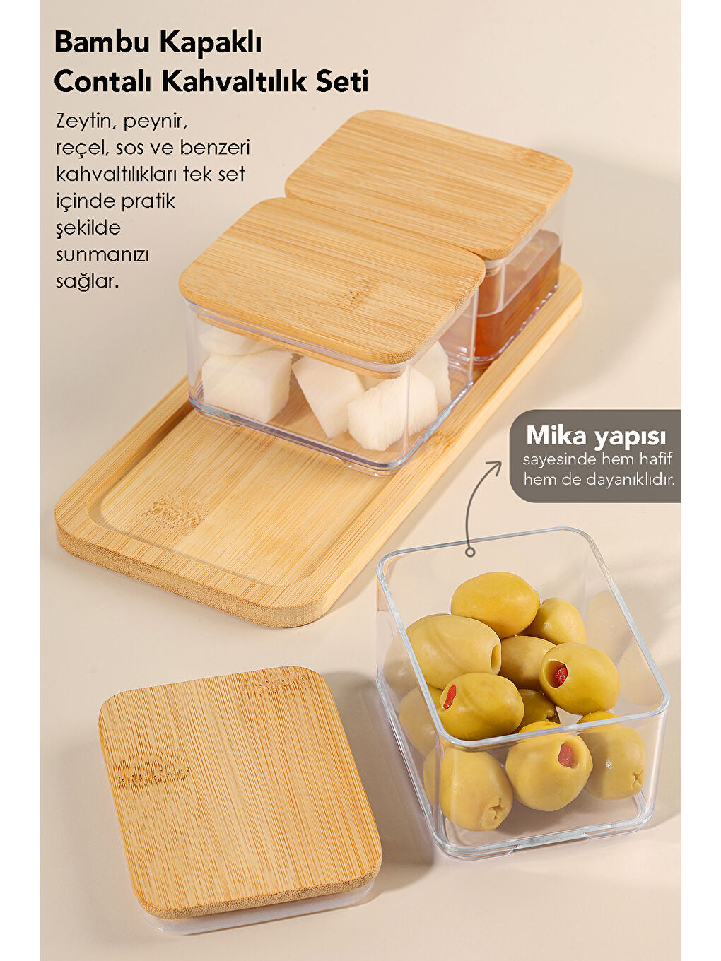 Bej Bambu Kapak Kapaklı Saklama Kabı 250 ml-1