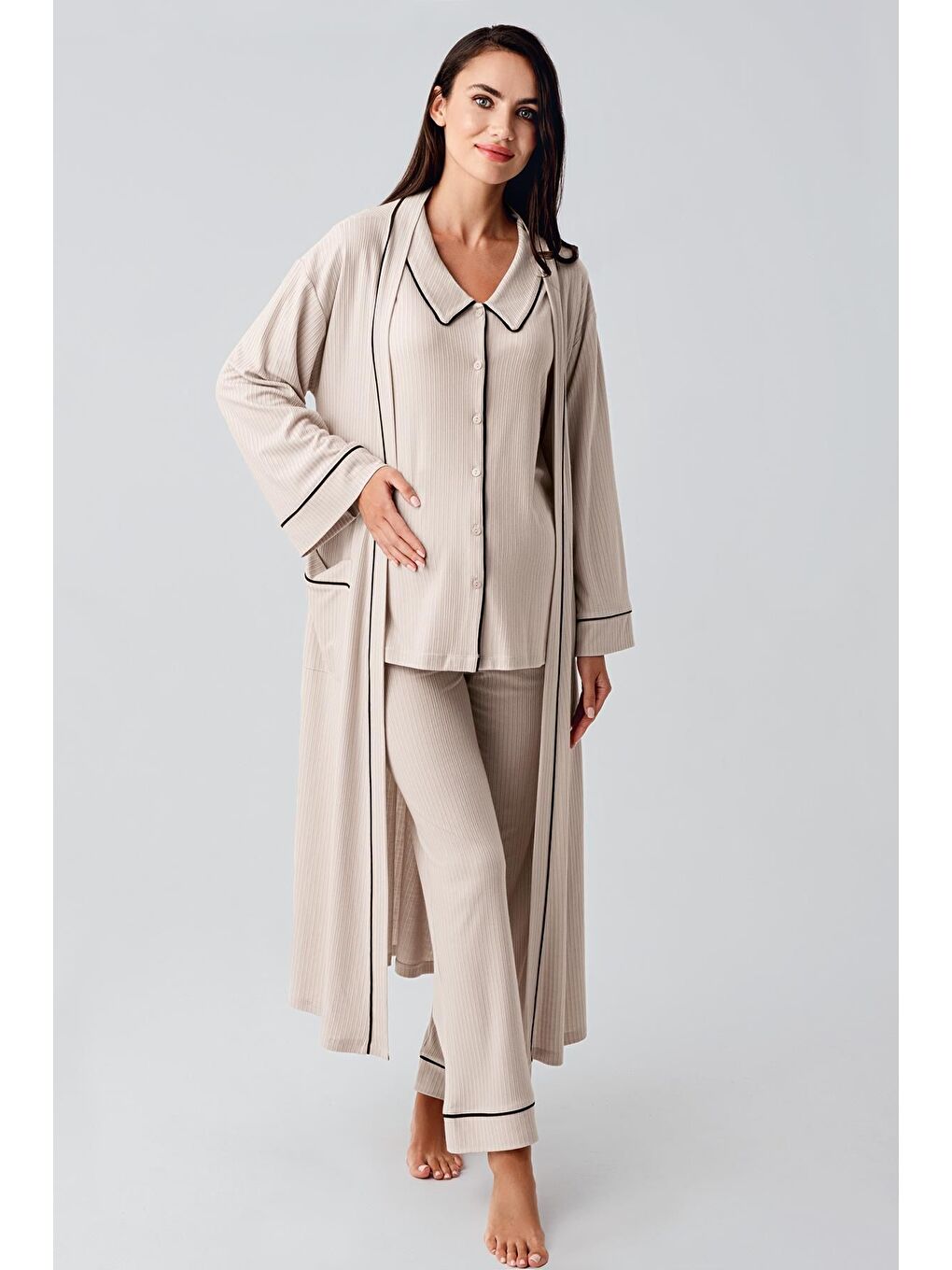 Bej Bebe Yaka Düğmeli Uzun Kollu Hamile Sabahlık Pijama Takım 23111