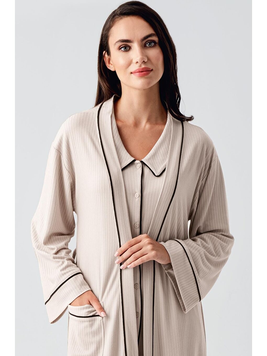Bej Bebe Yaka Düğmeli Uzun Kollu Hamile Sabahlık Pijama Takım 23111-1