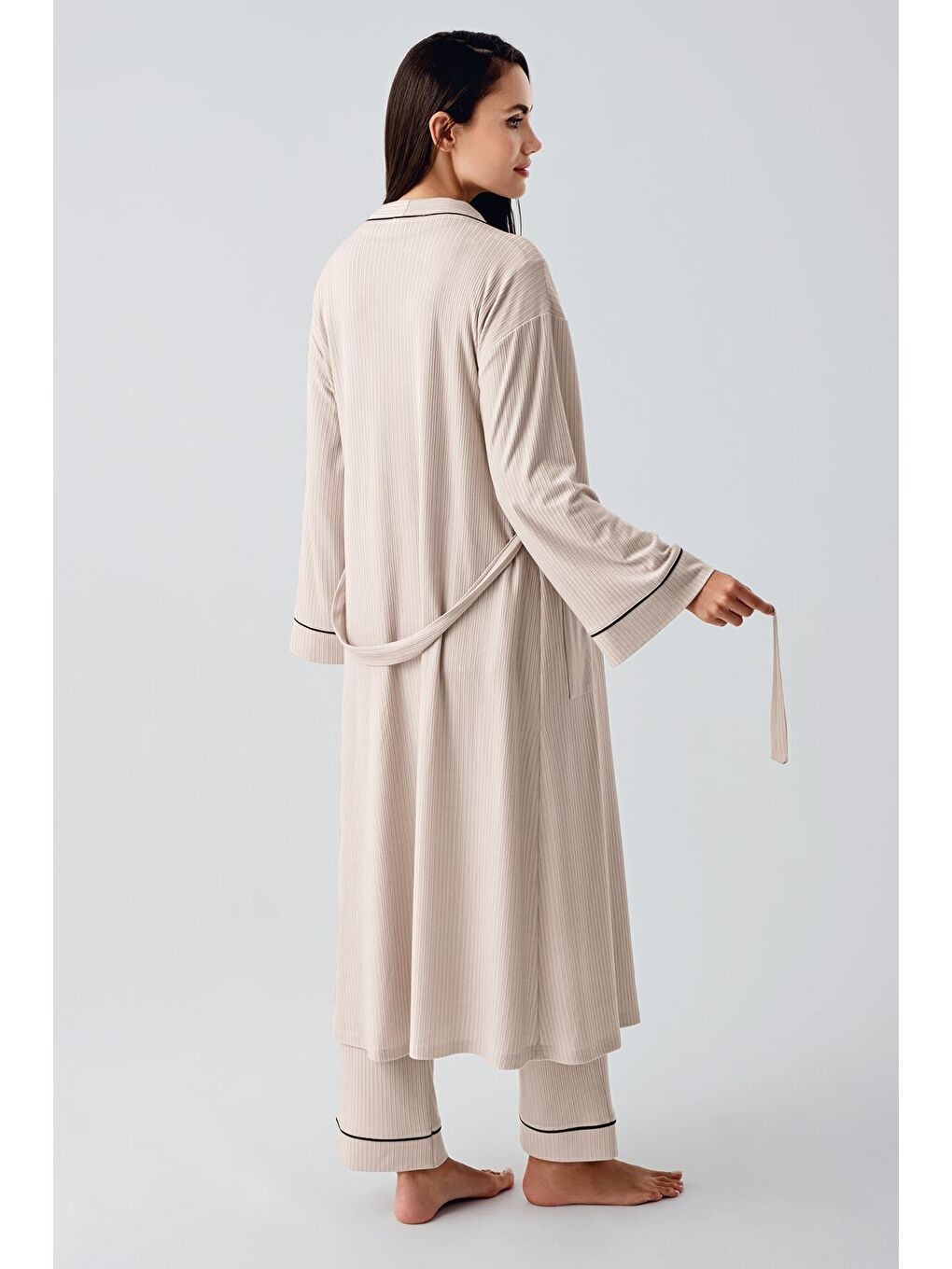 Bej Bebe Yaka Düğmeli Uzun Kollu Hamile Sabahlık Pijama Takım 23111-3