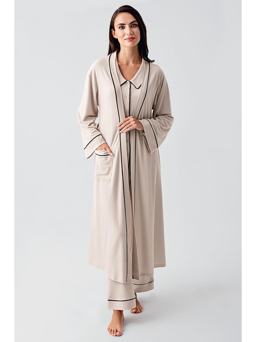 Bej Bebe Yaka Düğmeli Uzun Kollu Hamile Sabahlık Pijama Takım 23111-4