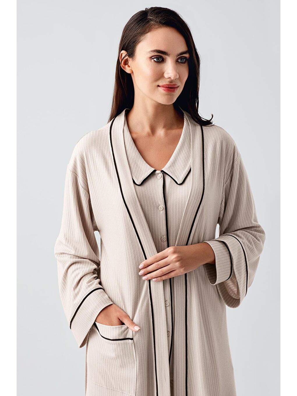 Bej Bebe Yaka Düğmeli Uzun Kollu Hamile Sabahlık Pijama Takım 23111-5