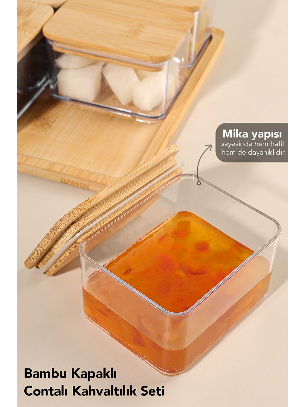 Bej Bambu Kapak Kapaklı Saklama Kabı-1