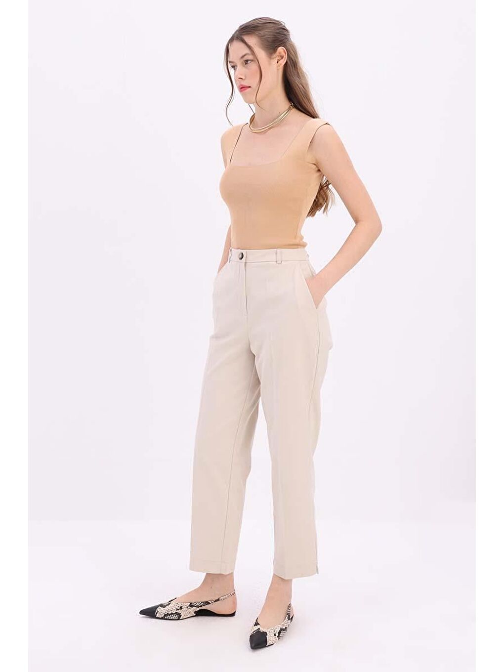 Açık Bej-Pamuklu Büyük Beden Kumaş Pantolon-2