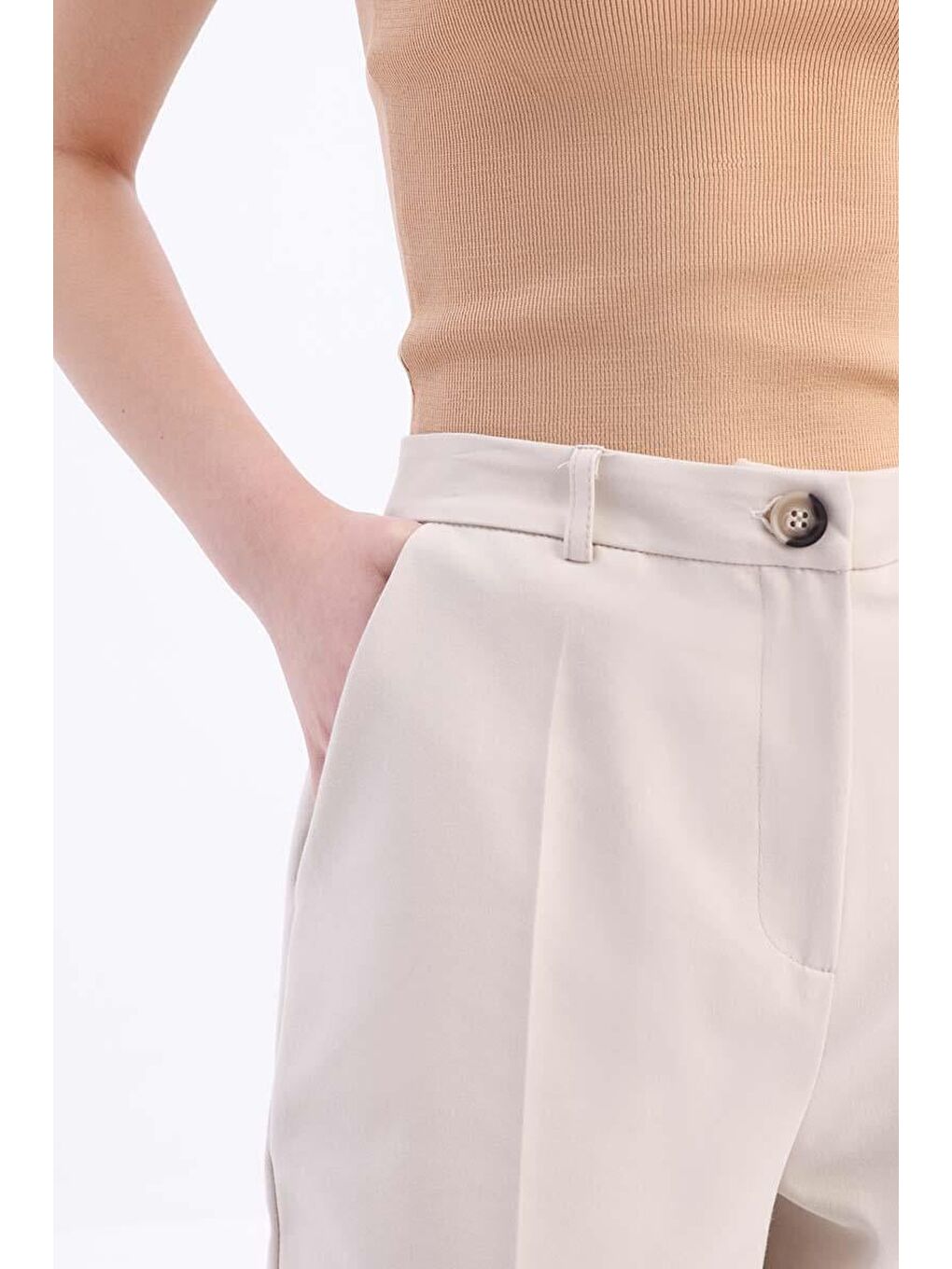 Açık Bej-Pamuklu Büyük Beden Kumaş Pantolon-4