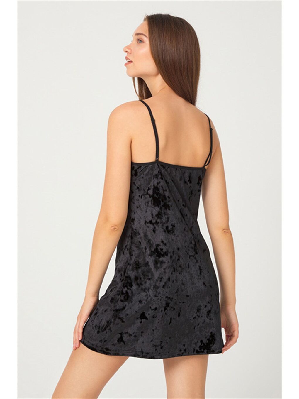 Siyah Tül Detaylı Kadife Kadın Babydoll Gecelik-4