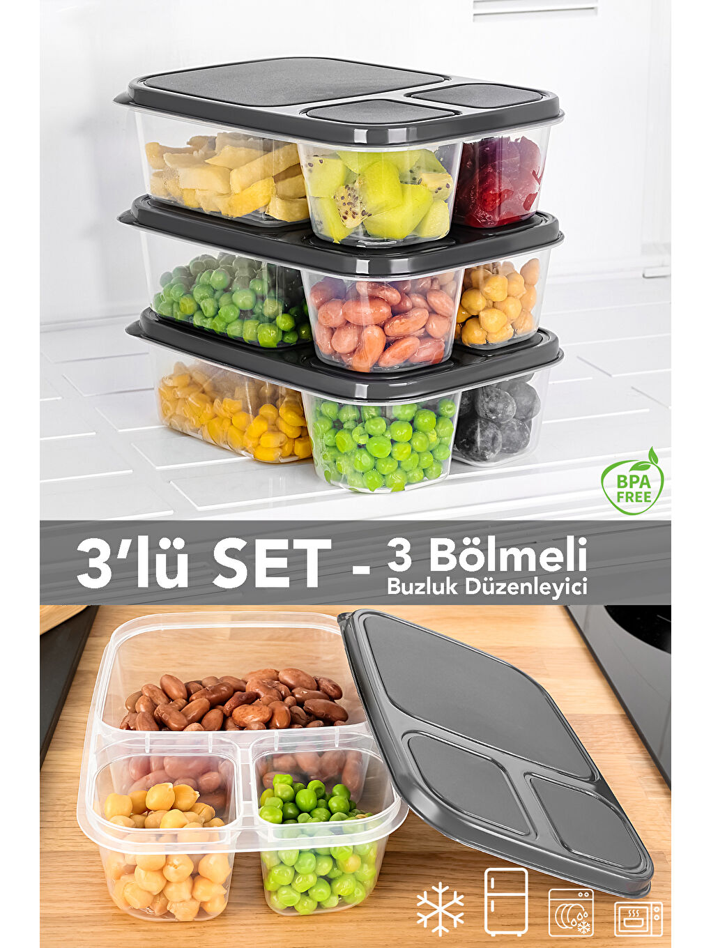 Gri 3'lü Dikdörtgen 3 Bölmeli Saklama Kabı