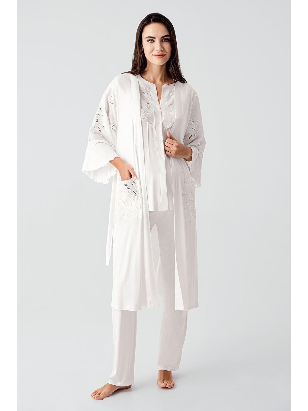 Ekru Kısa Kollu Düğmeli Vual Detaylı Esnek Viskoz Hamile Sabahlık Pijama Takım 17303