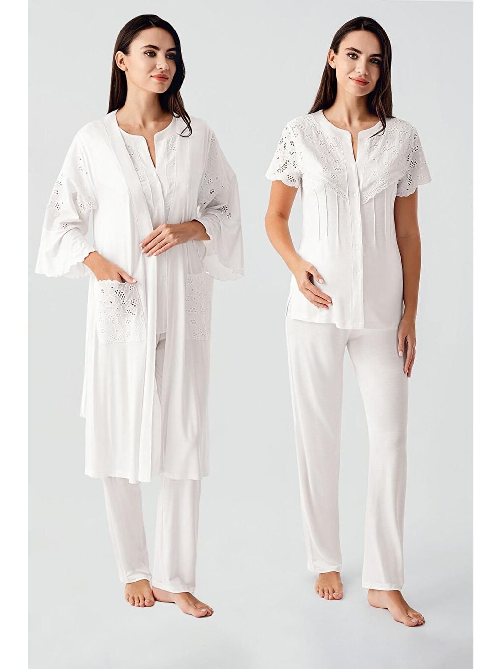Ekru Kısa Kollu Düğmeli Vual Detaylı Esnek Viskoz Hamile Sabahlık Pijama Takım 17303-1