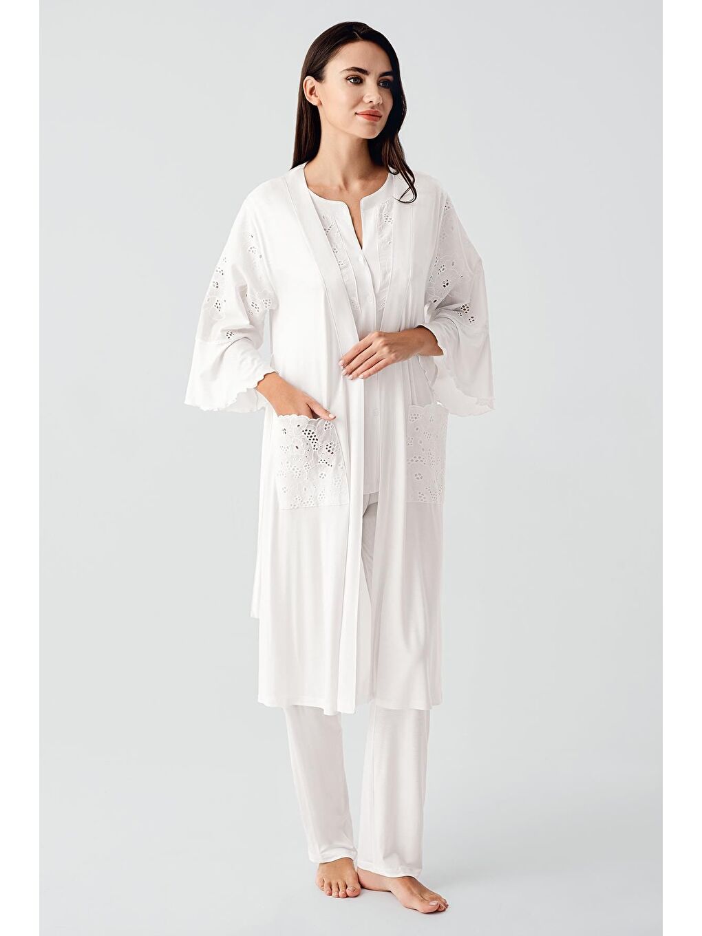 Ekru Kısa Kollu Düğmeli Vual Detaylı Esnek Viskoz Hamile Sabahlık Pijama Takım 17303-2