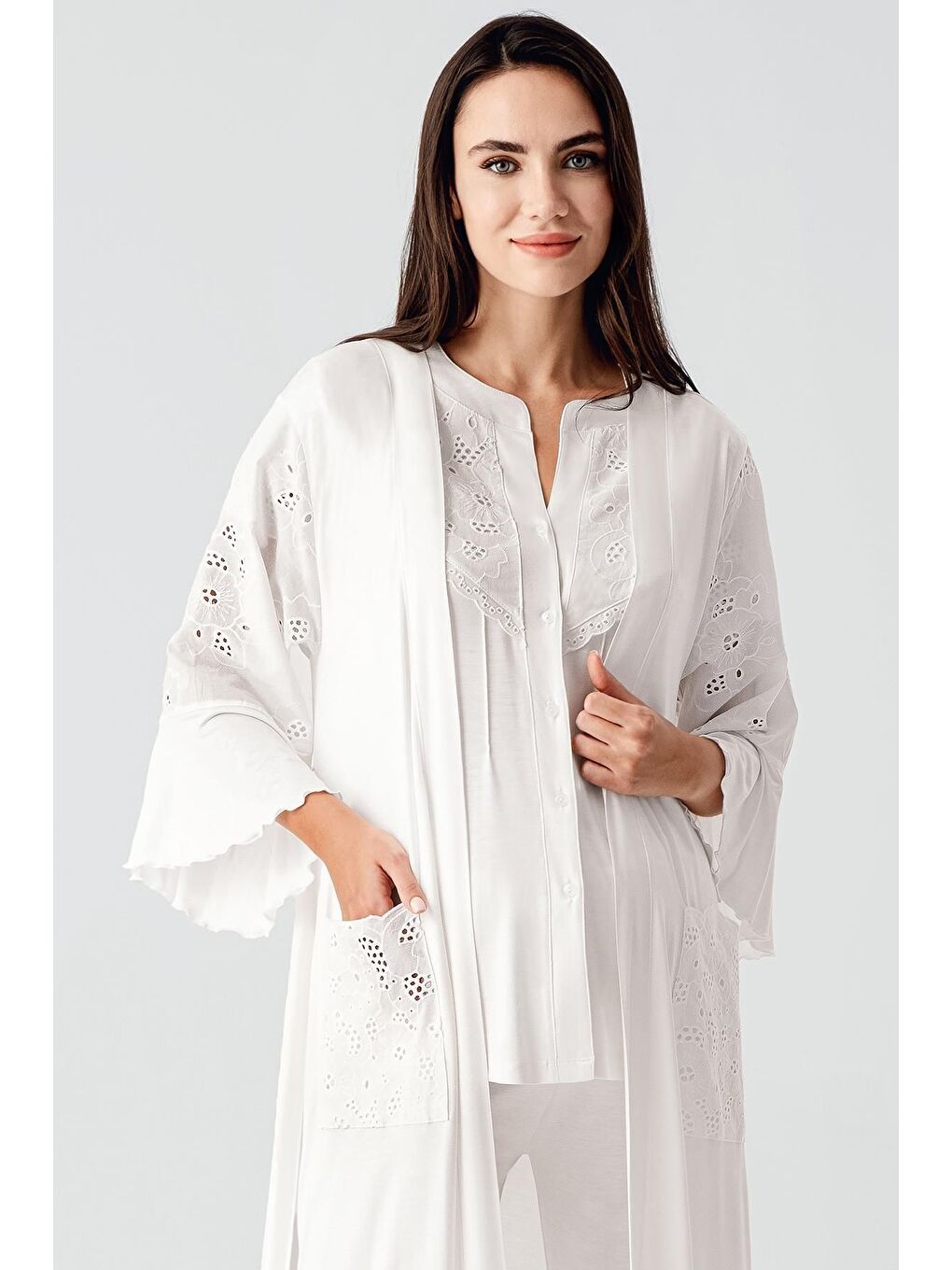 Ekru Kısa Kollu Düğmeli Vual Detaylı Esnek Viskoz Hamile Sabahlık Pijama Takım 17303-3