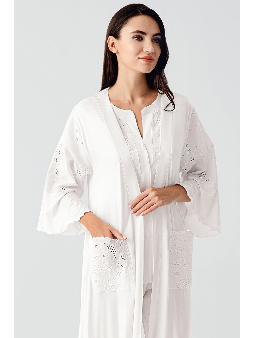 Ekru Kısa Kollu Düğmeli Vual Detaylı Esnek Viskoz Hamile Sabahlık Pijama Takım 17303-4