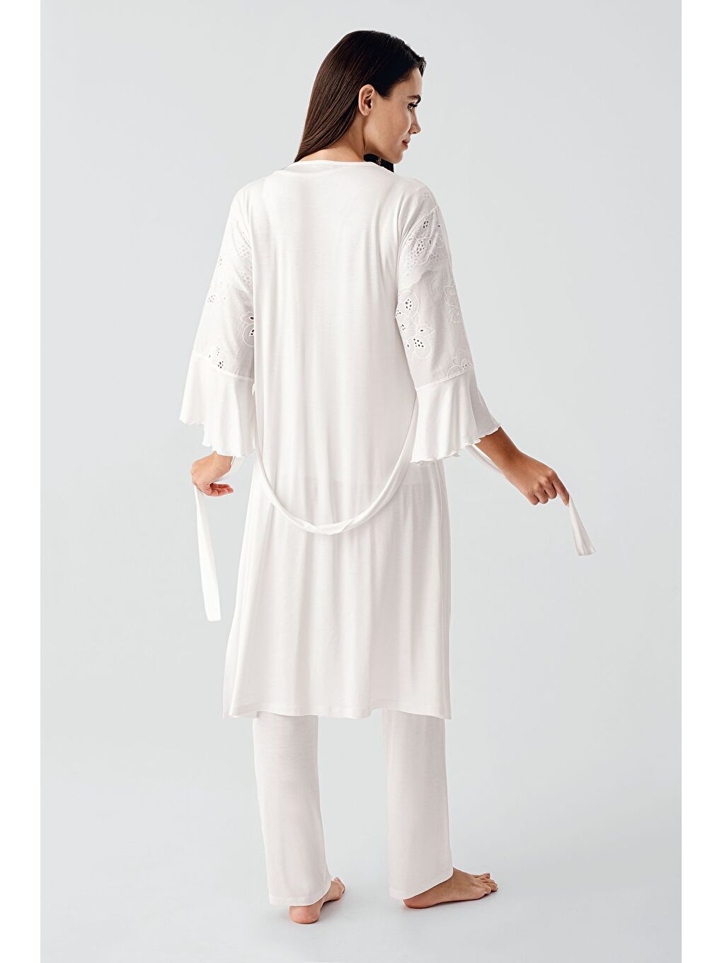 Ekru Kısa Kollu Düğmeli Vual Detaylı Esnek Viskoz Hamile Sabahlık Pijama Takım 17303-5