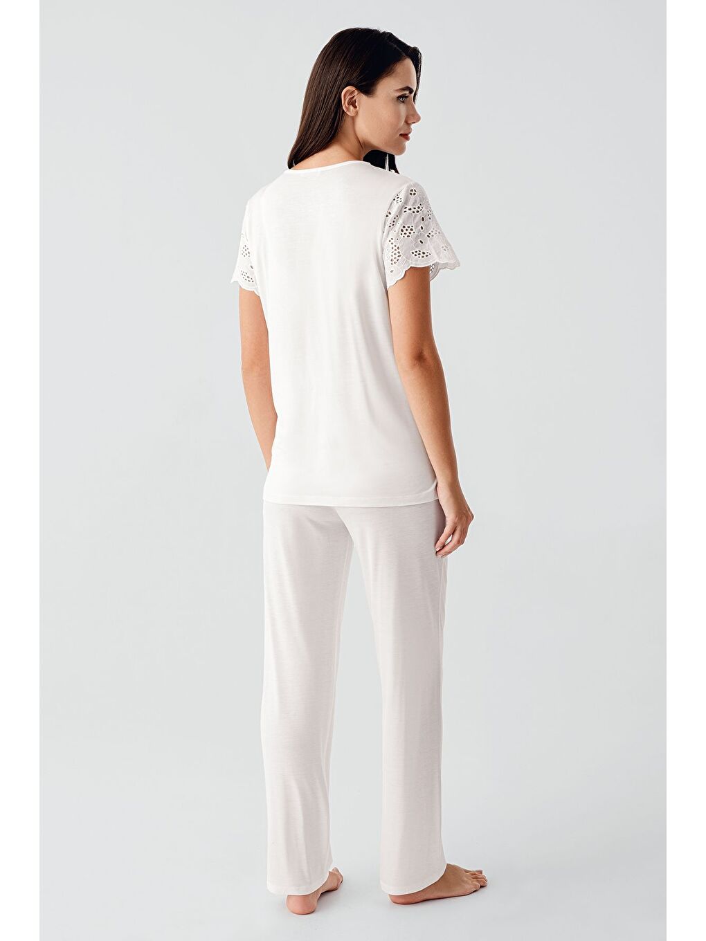 Ekru Kısa Kollu Düğmeli Vual Detaylı Esnek Viskoz Hamile Sabahlık Pijama Takım 17303-6