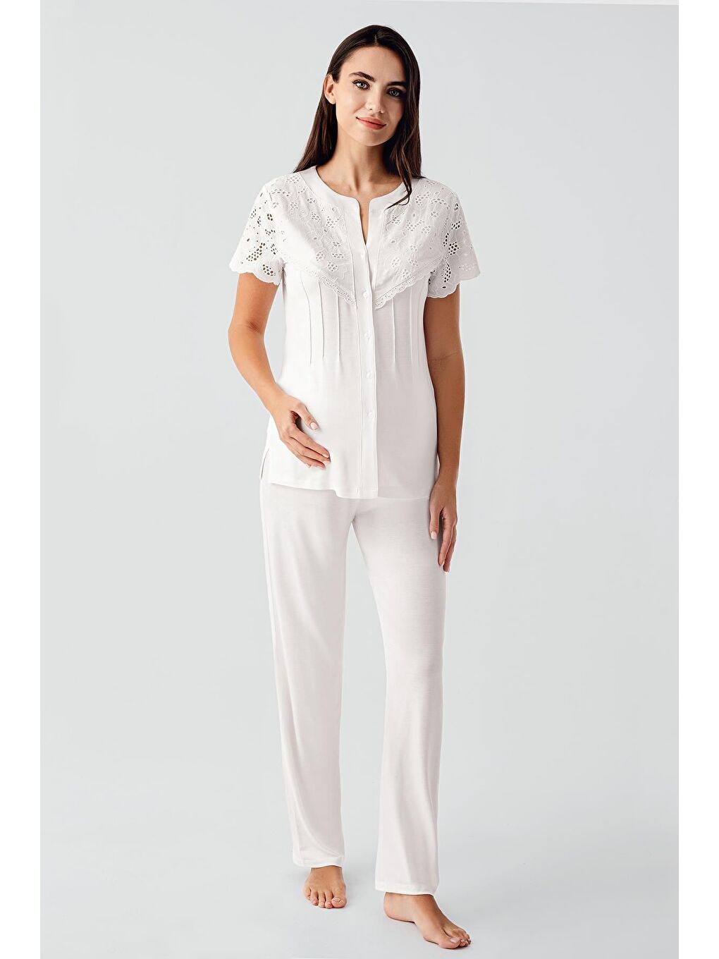 Artış Ekru Vual Detaylı Düğmeli Kısa Kollu Esnek Viskoz Hamile Pijama Takım 17203