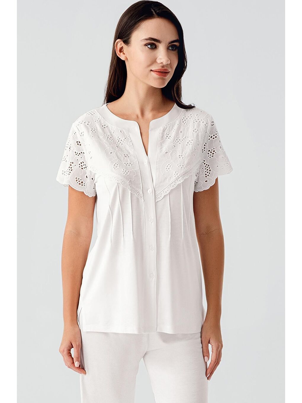 Artış Ekru Vual Detaylı Düğmeli Kısa Kollu Esnek Viskoz Hamile Pijama Takım 17203 - 3