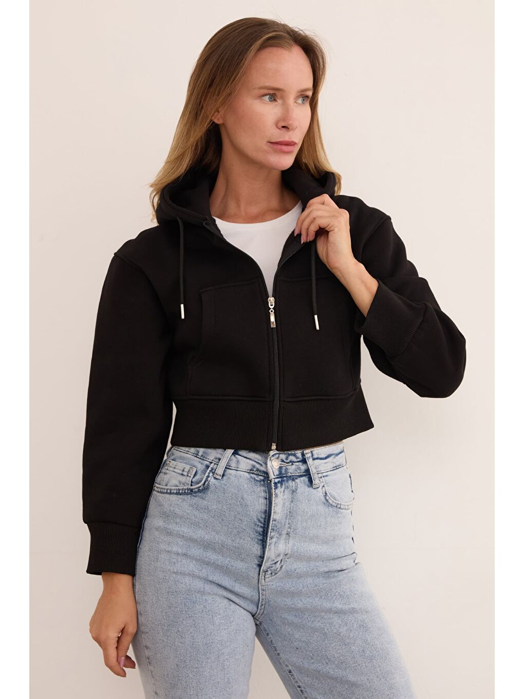 Siyah 3 İplik Basic Kapüşonlu Crop Sweatshirt