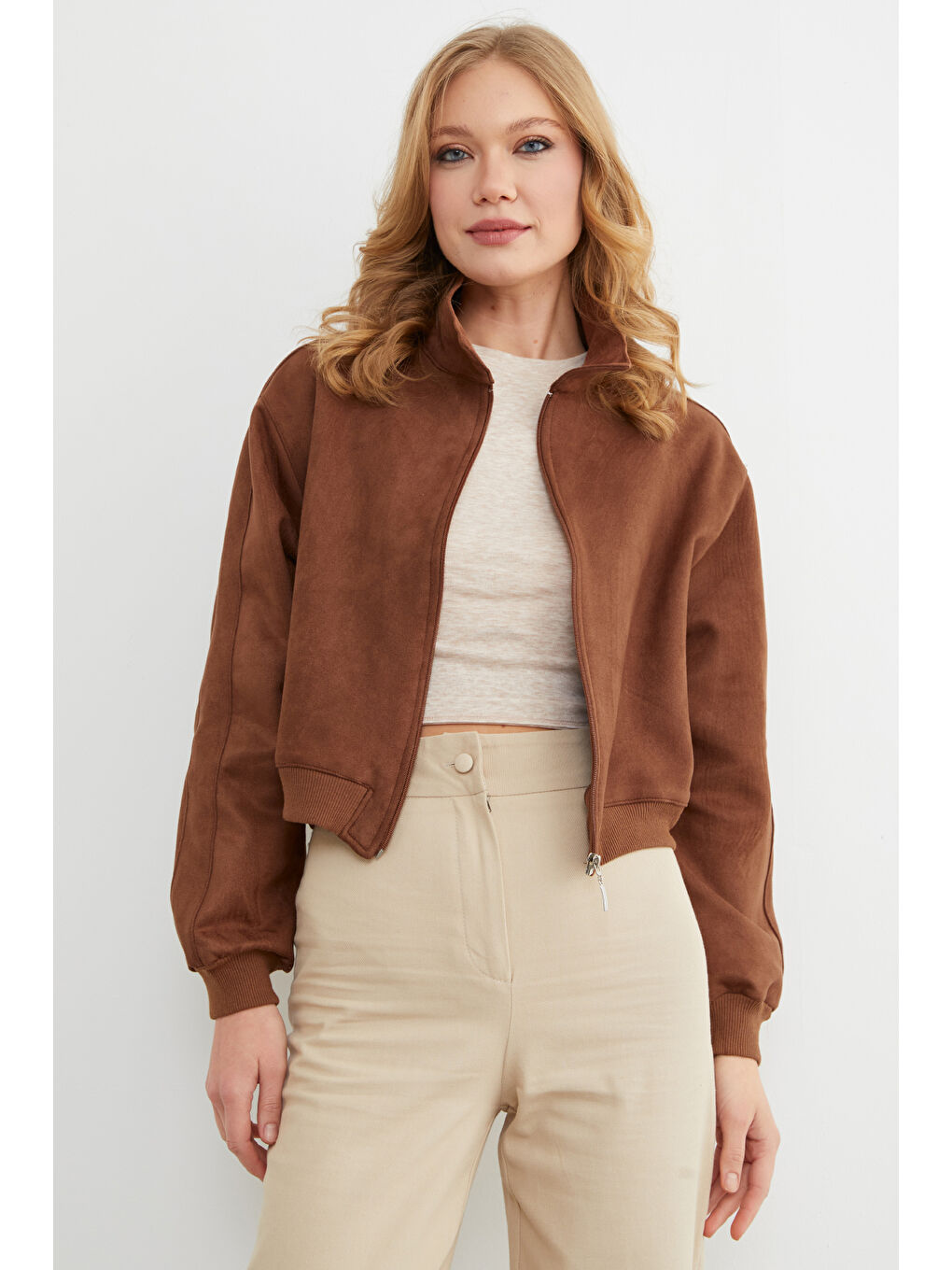 Kahverengi Fermuarlı Polo Yaka Süet Bomber Ceket-1