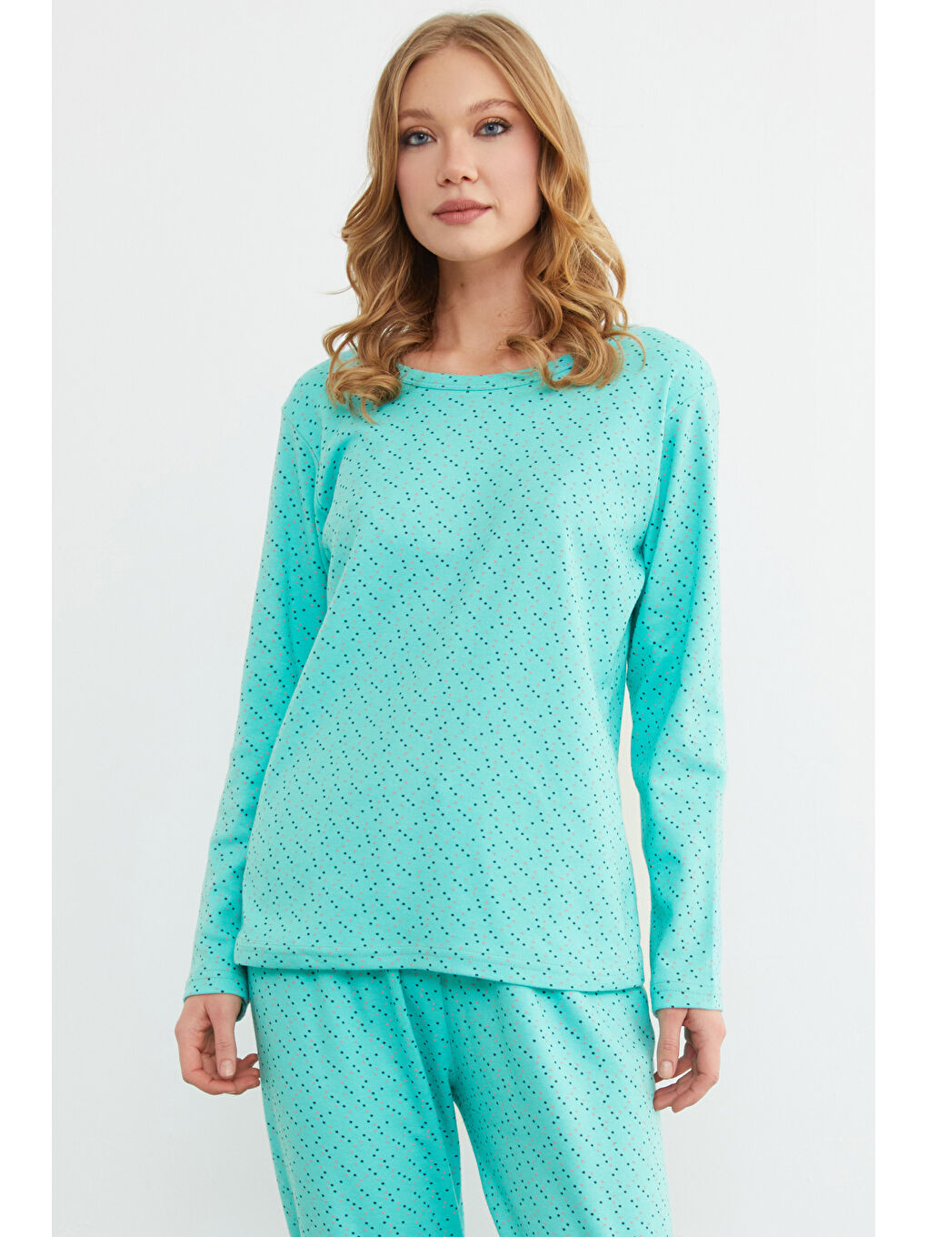 Yeşil Puantiye Desenli Bisiklet Yaka Pijama Takımı-2