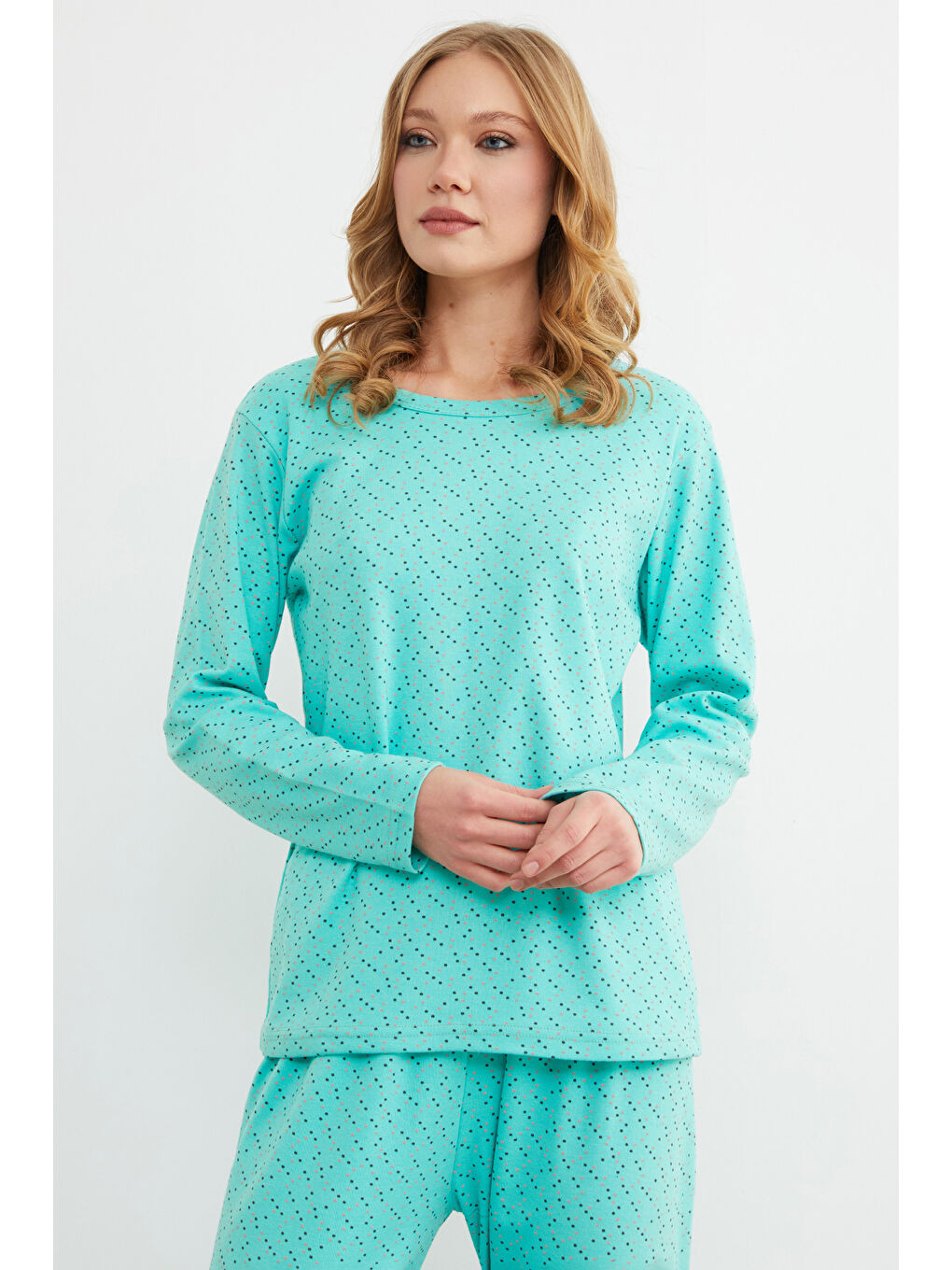 Yeşil Puantiye Desenli Bisiklet Yaka Pijama Takımı-4