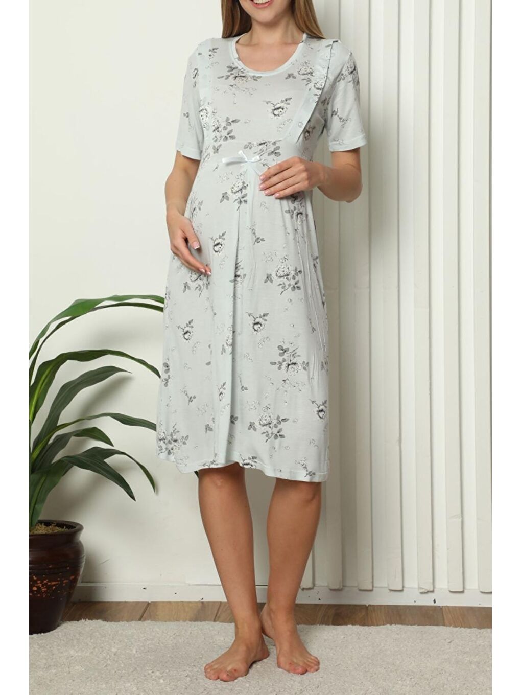 Mavi Hamile Tunik Gecelik Kısa Kollu Elastanlı Büyük Beden Geniş Beden Aralığı