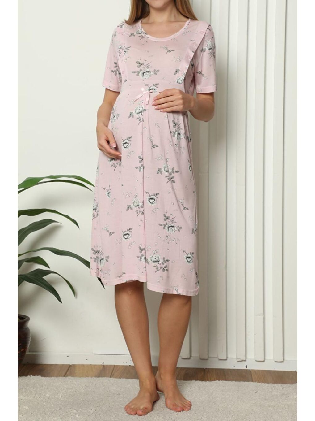 Pembe Somon Hamile Tunik Gecelik Kısa Kollu Elastanlı Büyük Beden Geniş Beden Aralığı