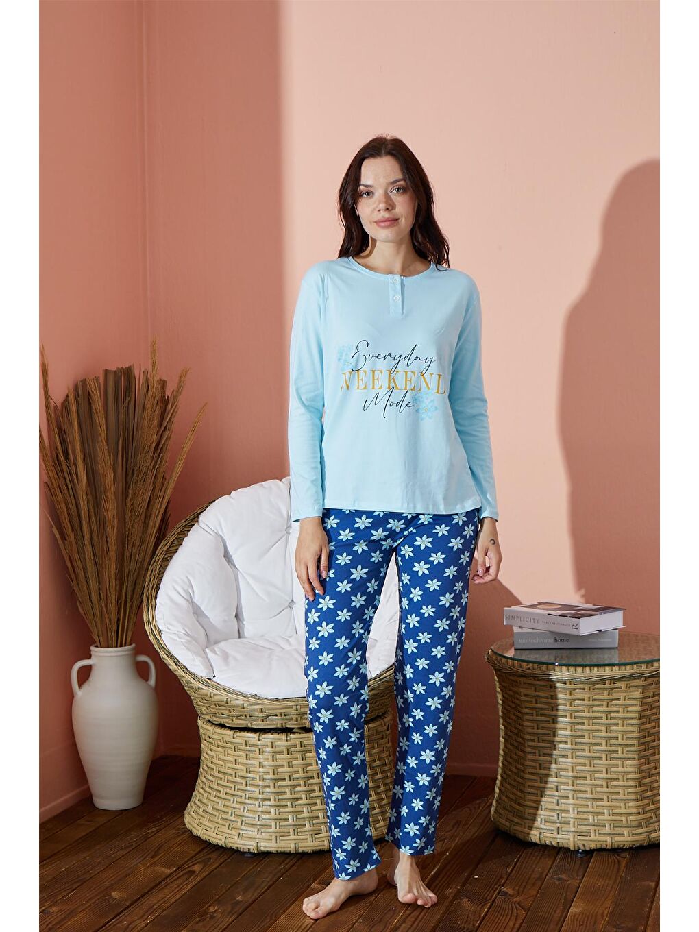 Turkuaz Kadın Desenli Pijama Takımı Mevsimlik Takım  8000