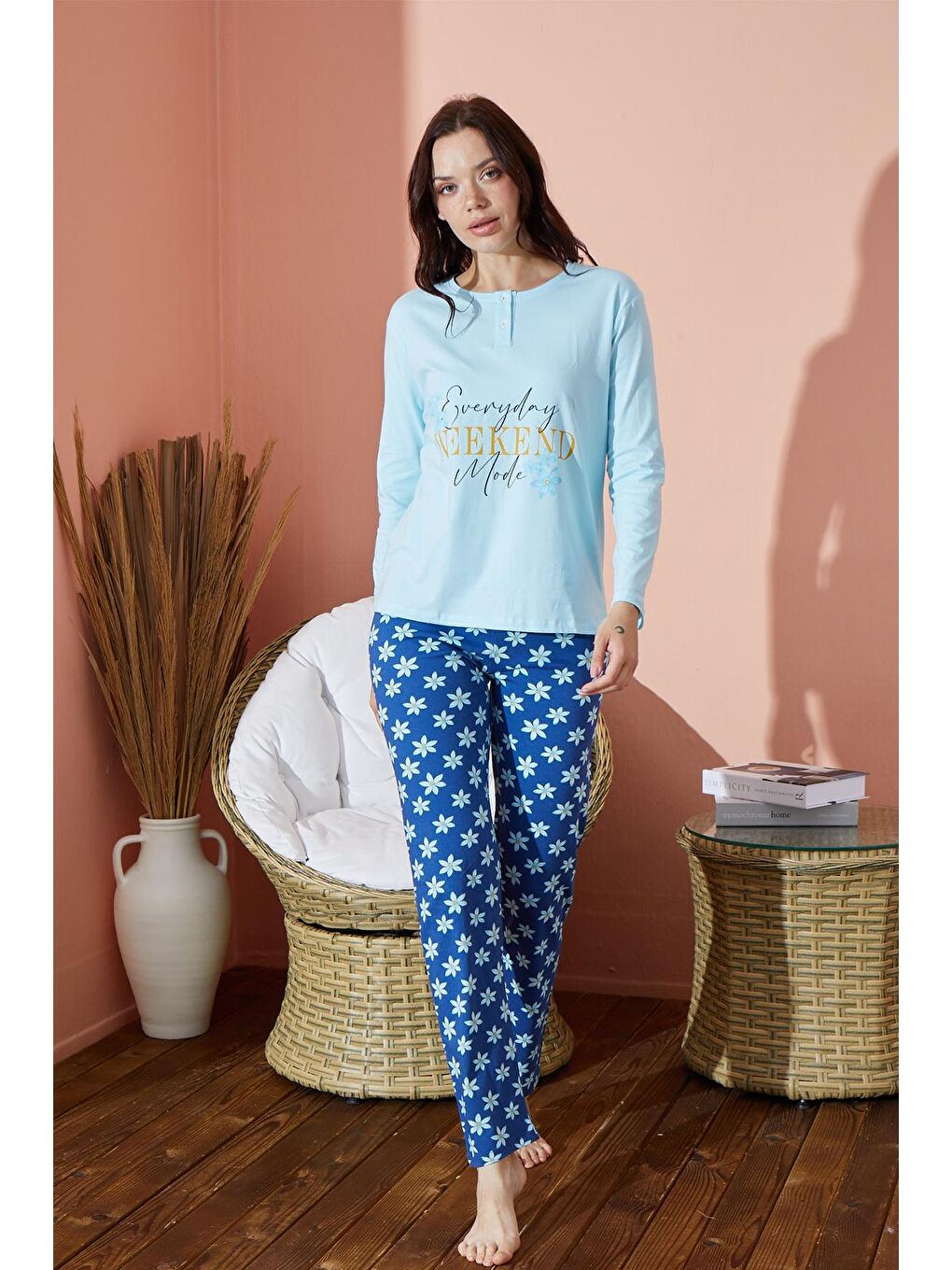 Turkuaz Kadın Desenli Pijama Takımı Mevsimlik Takım  8000-2