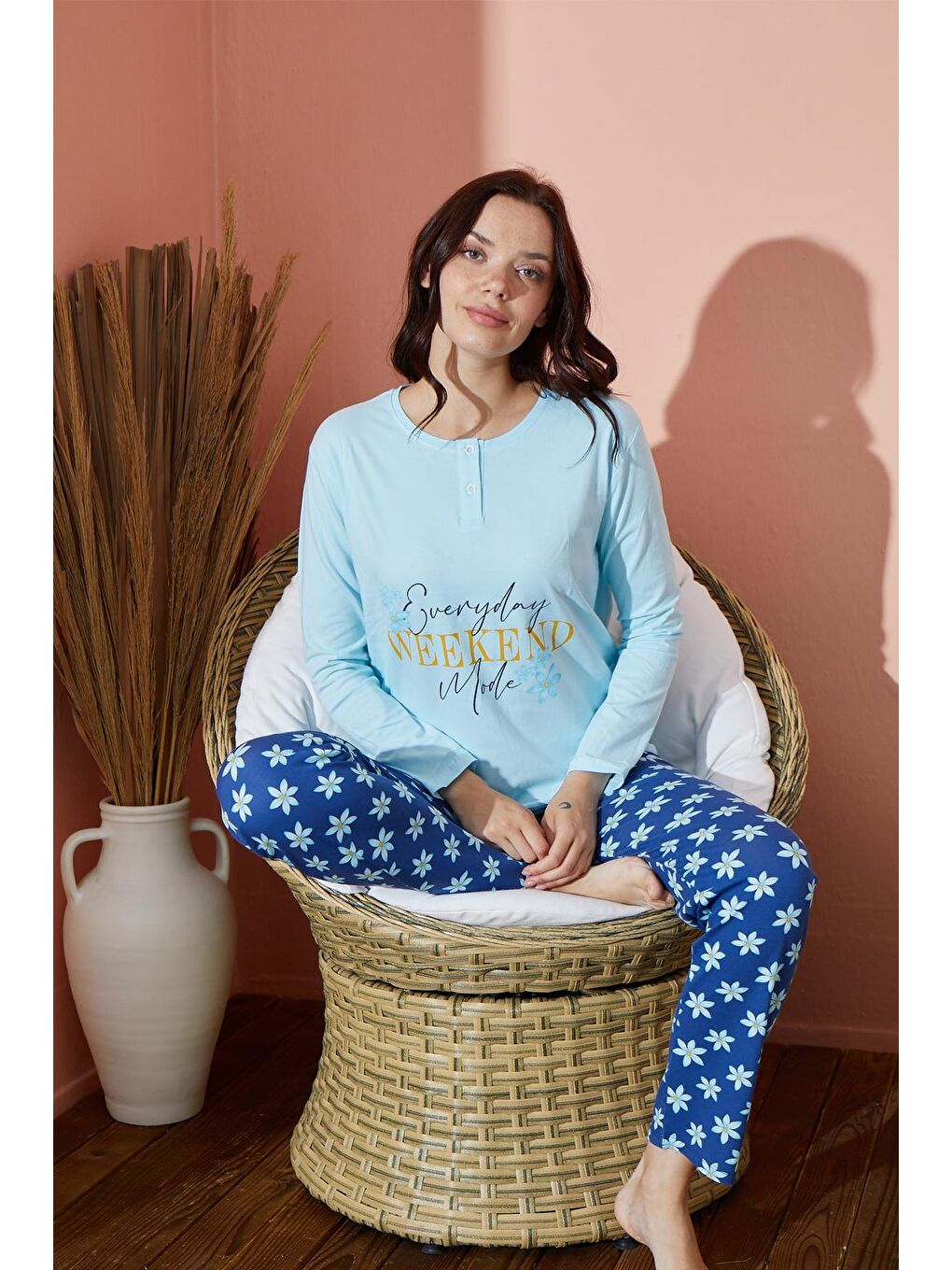 Turkuaz Kadın Desenli Pijama Takımı Mevsimlik Takım  8000-3