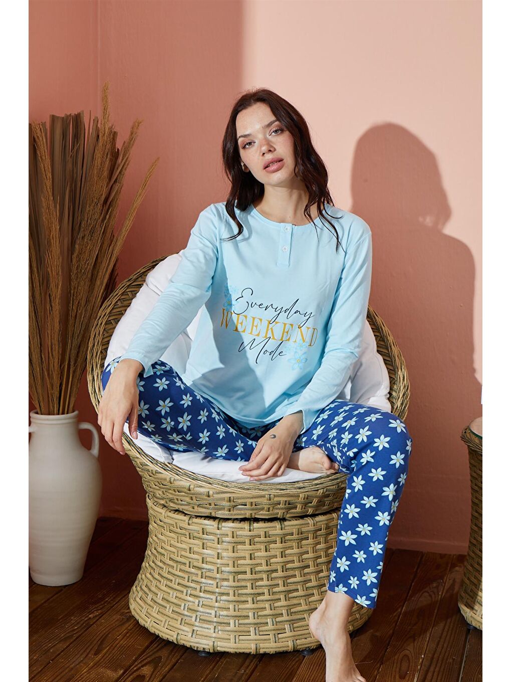 Turkuaz Kadın Desenli Pijama Takımı Mevsimlik Takım  8000-4