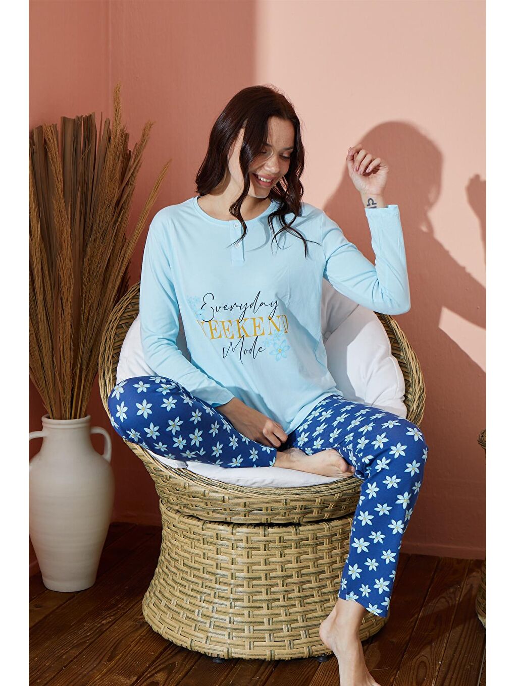 Turkuaz Kadın Desenli Pijama Takımı Mevsimlik Takım  8000-5