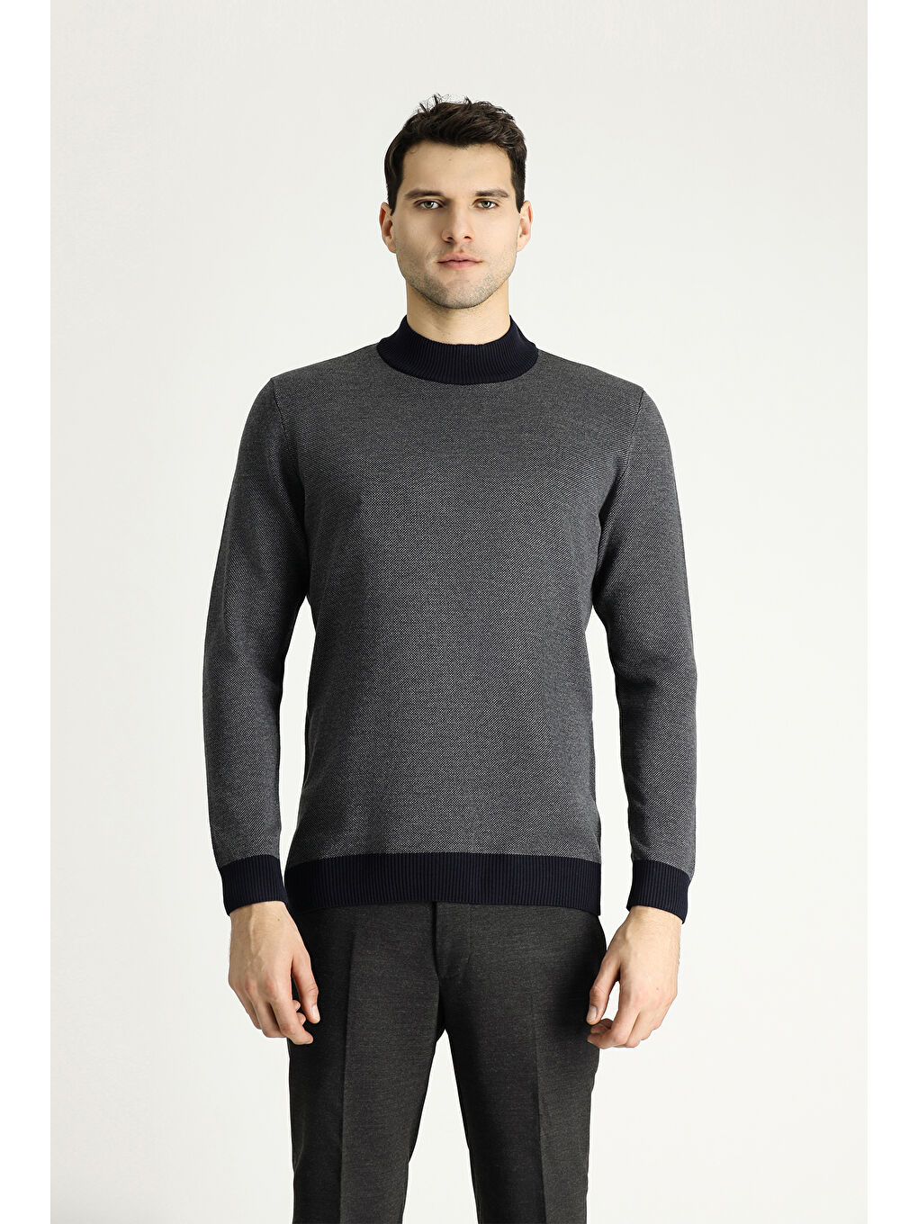 Lacivert Bato Yaka Slim Fit Dar Kesim Desenli Triko Kazak-2