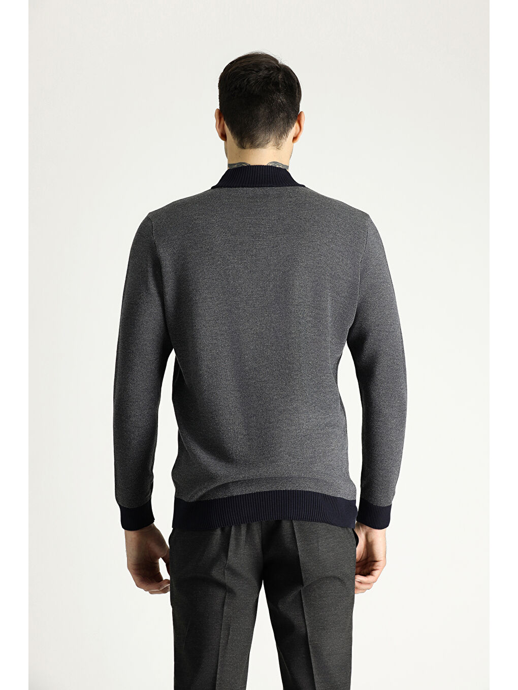 Lacivert Bato Yaka Slim Fit Dar Kesim Desenli Triko Kazak-3