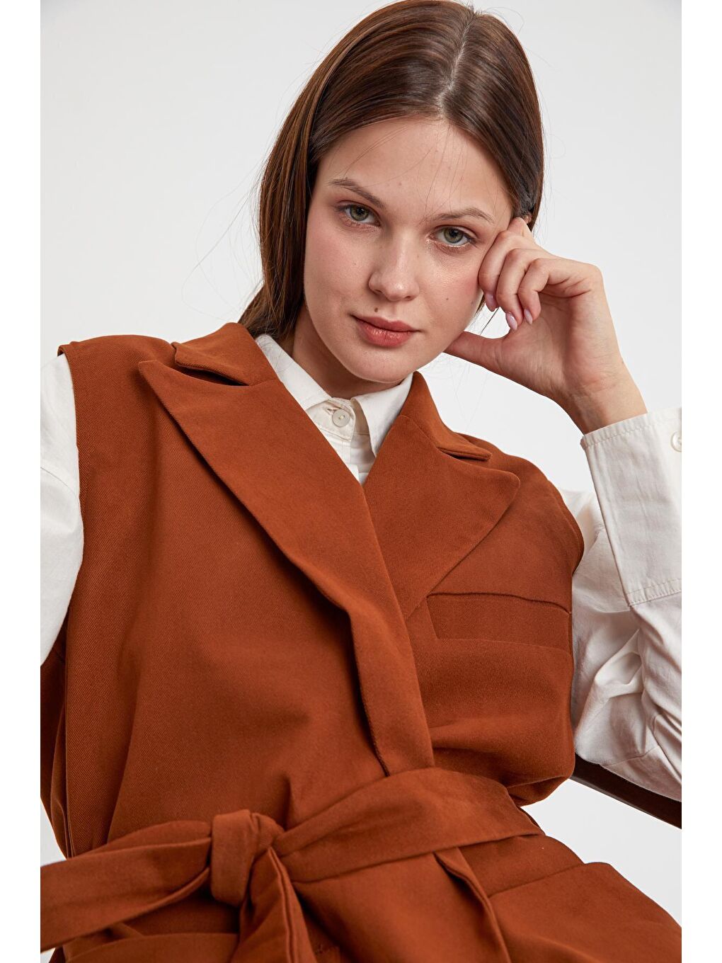 Kahverengi Açık Kahve Pamuklu Ceket Yakalı Kuşaklı Uzun Klasik Yelek-1