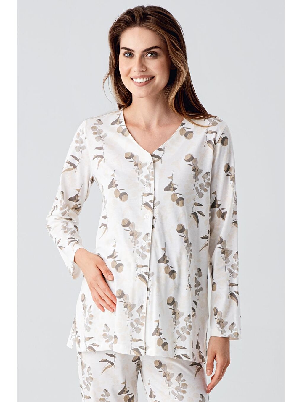 Ekru Uzun Kollu Çiçek Desenli Düğmeli Pamuklu Hamile Pijama Takım 22115-2