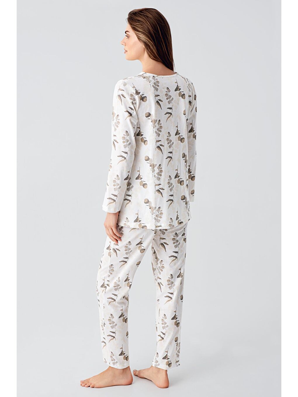Ekru Uzun Kollu Çiçek Desenli Düğmeli Pamuklu Hamile Pijama Takım 22115-6