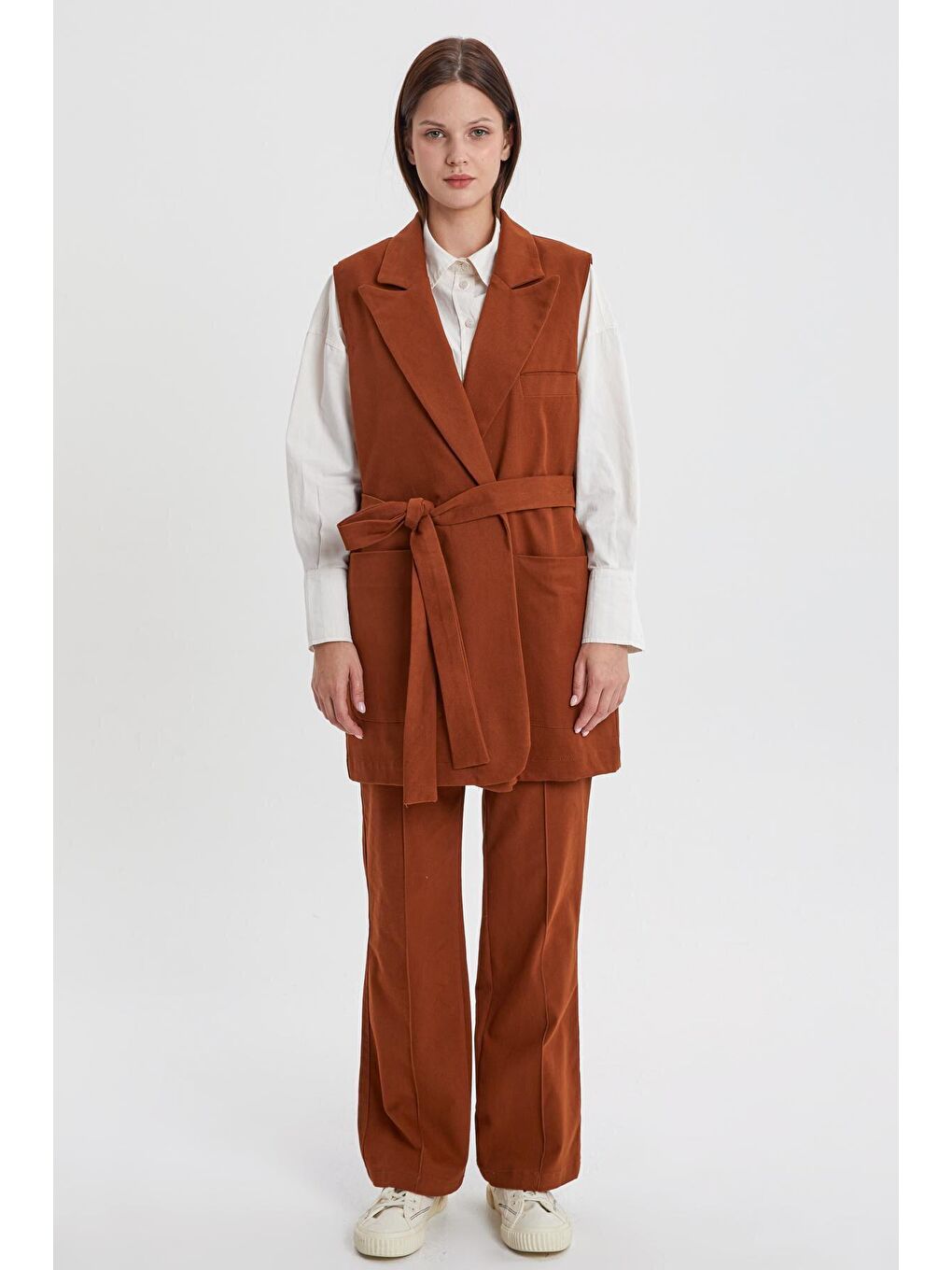 Kahverengi Açık Kahve Pamuklu Ceket Yakalı Kuşaklı Uzun Klasik Yelek-2