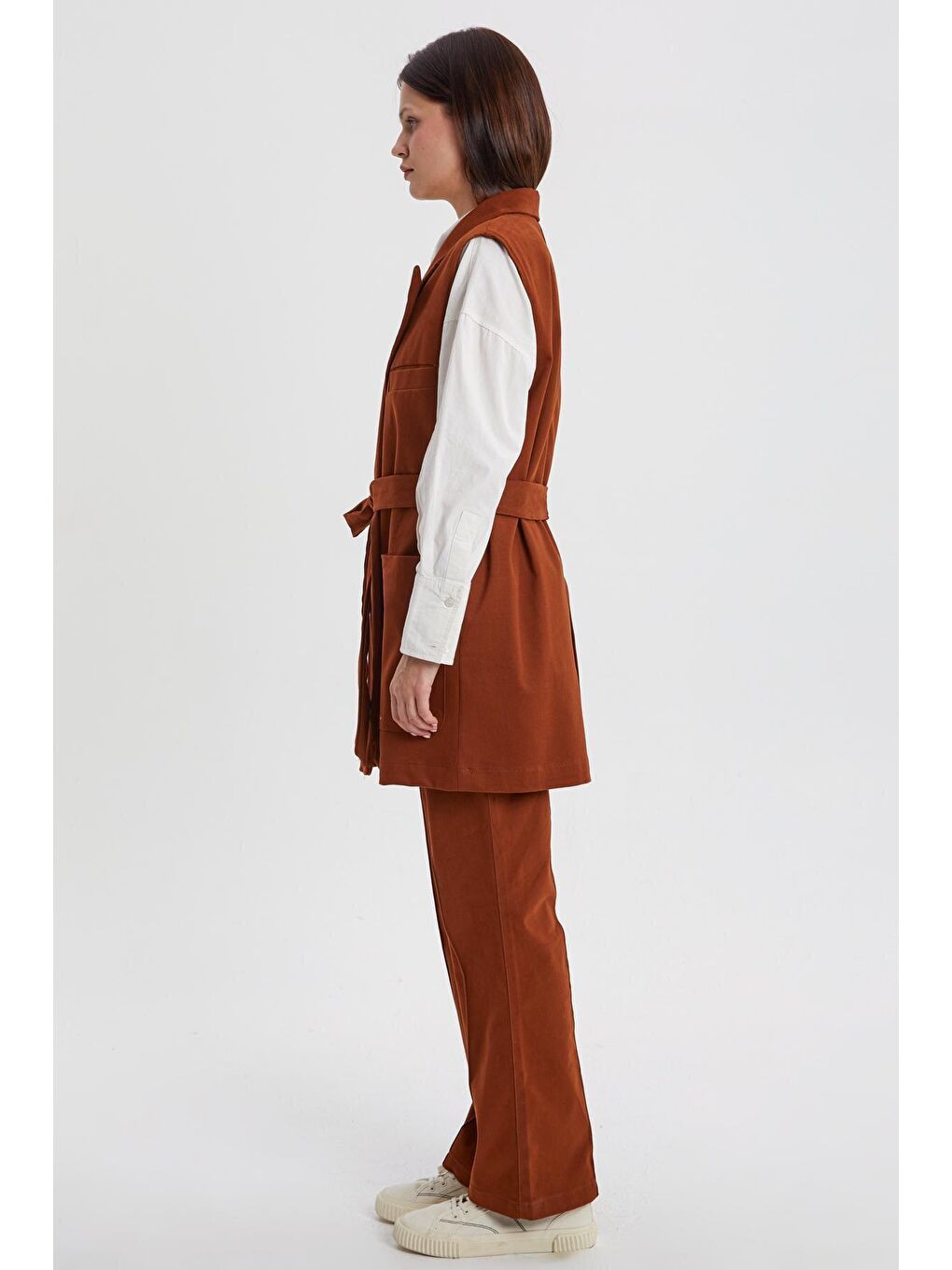 Kahverengi Açık Kahve Pamuklu Ceket Yakalı Kuşaklı Uzun Klasik Yelek-3