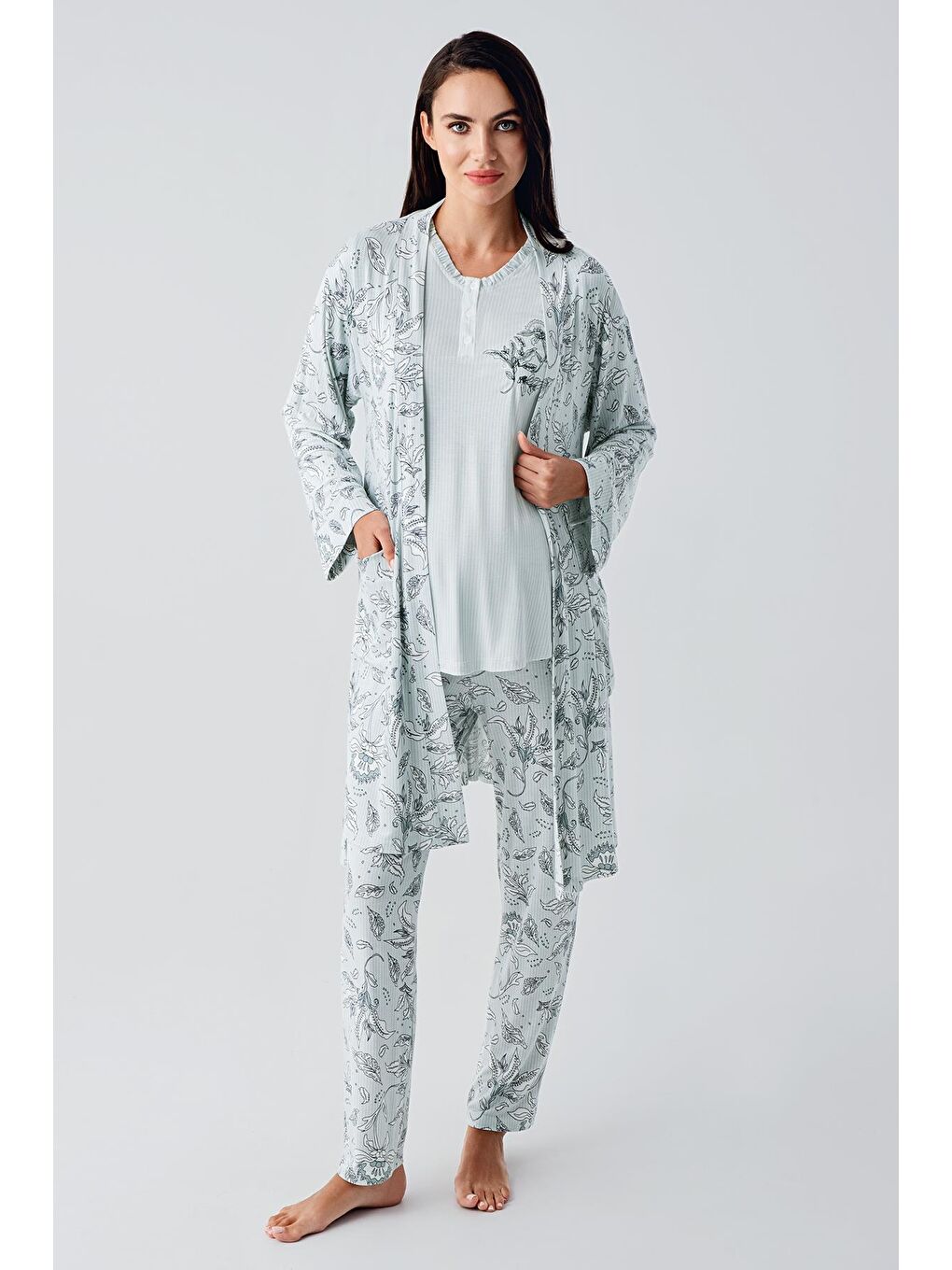 Yeşil Uzun Kollu Düğmeli Desenli Esnek Viskoz Hamile Sabahlık Pijama Takım 23100