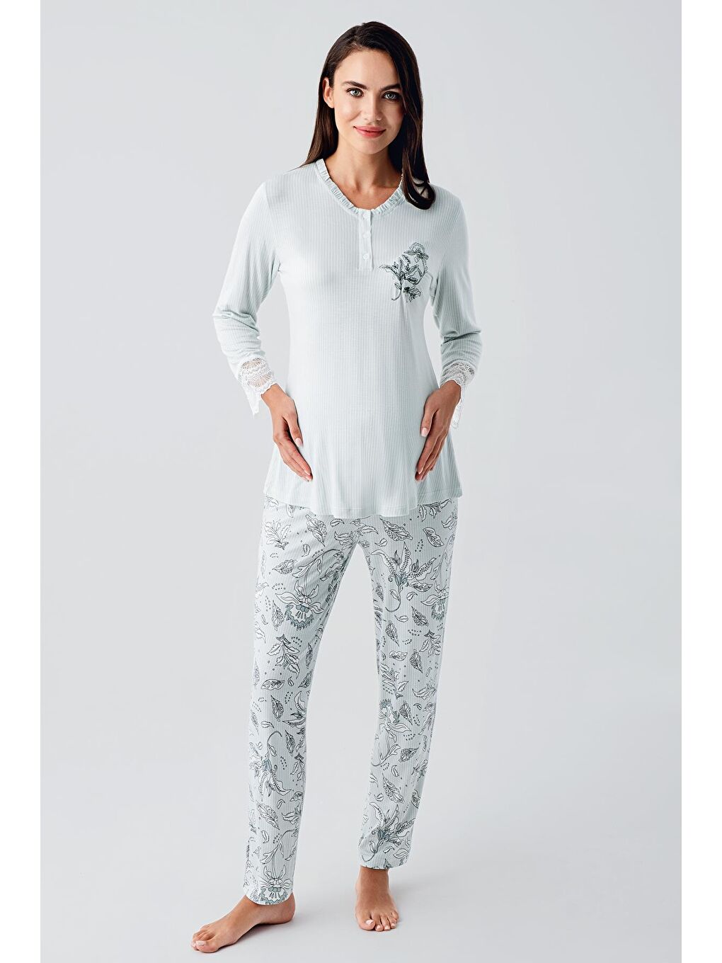 Yeşil Uzun Kollu Düğmeli Desenli Esnek Viskoz Hamile Sabahlık Pijama Takım 23100-1