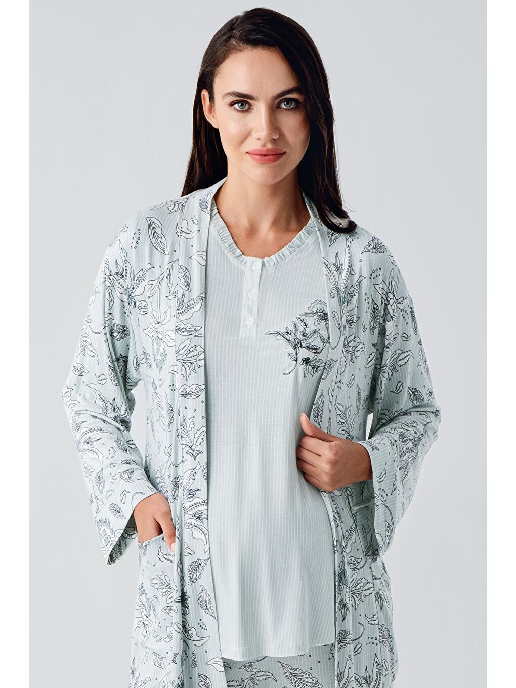 Yeşil Uzun Kollu Düğmeli Desenli Esnek Viskoz Hamile Sabahlık Pijama Takım 23100-2