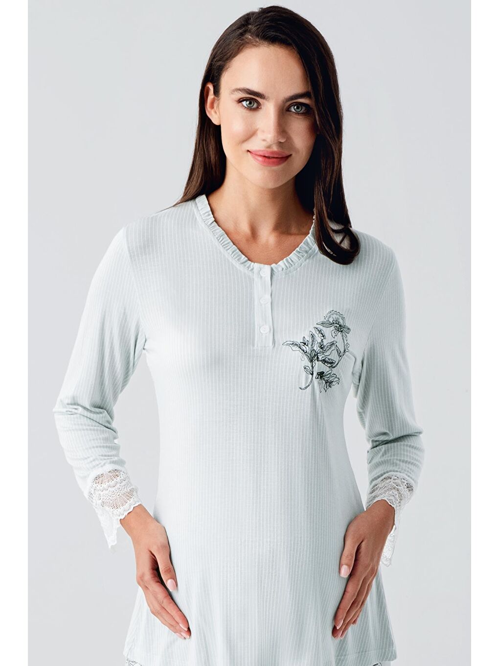 Yeşil Uzun Kollu Düğmeli Desenli Esnek Viskoz Hamile Sabahlık Pijama Takım 23100-3