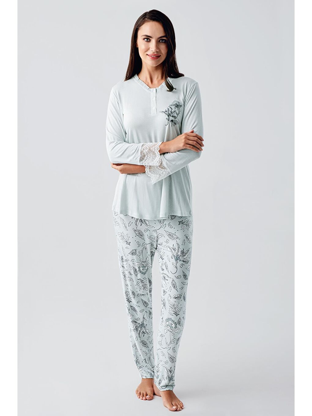 Yeşil Uzun Kollu Düğmeli Desenli Esnek Viskoz Hamile Sabahlık Pijama Takım 23100-5