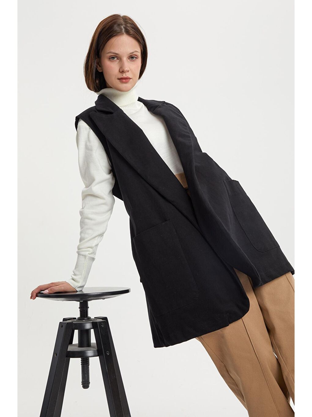 Siyah Pamuklu Ceket Yakalı Kuşaklı Uzun Klasik Yelek