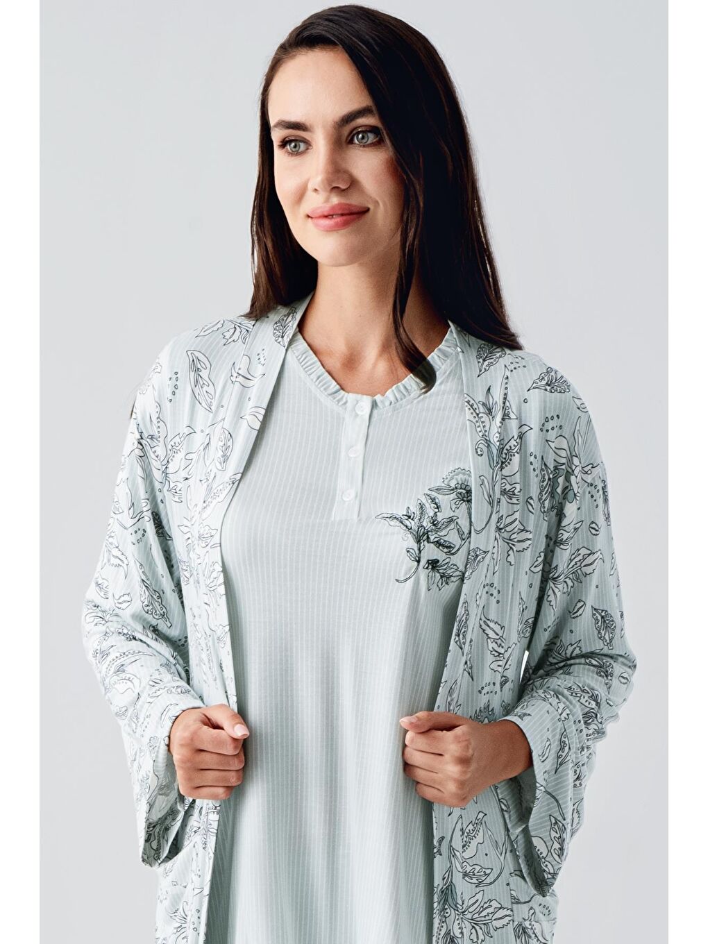 Yeşil Uzun Kollu Düğmeli Desenli Esnek Viskoz Hamile Sabahlık Pijama Takım 23100-6