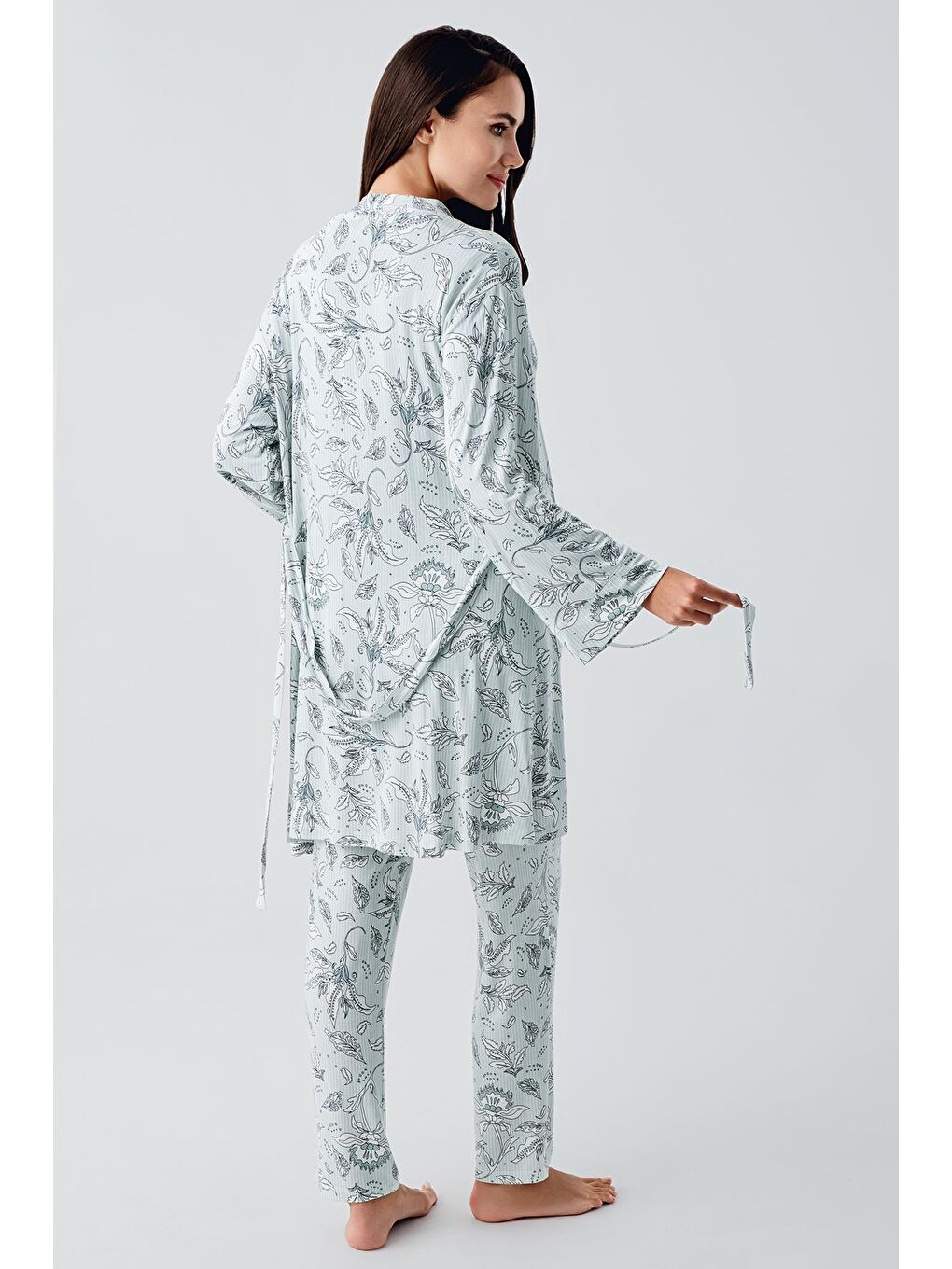 Yeşil Uzun Kollu Düğmeli Desenli Esnek Viskoz Hamile Sabahlık Pijama Takım 23100-8